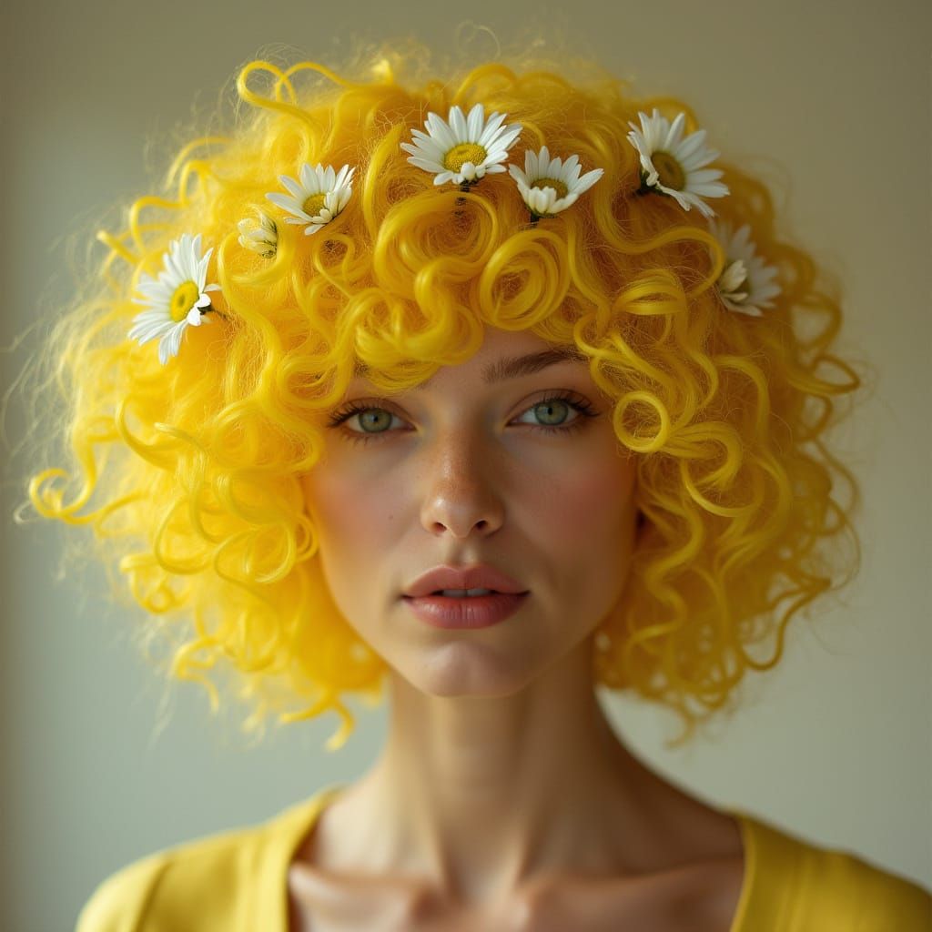 Woman in Vibrant Yellow Macaroni Curls, Elegant Fashion Phot...