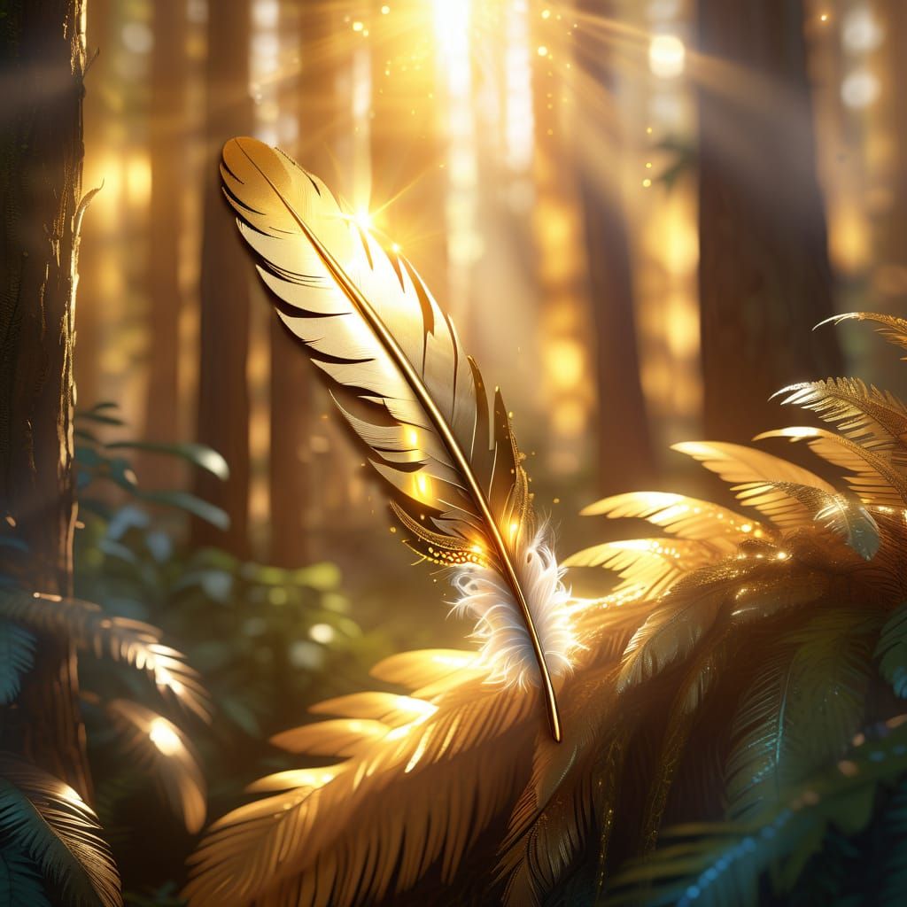 Golden Feather Drifting in Sunlit Forest
