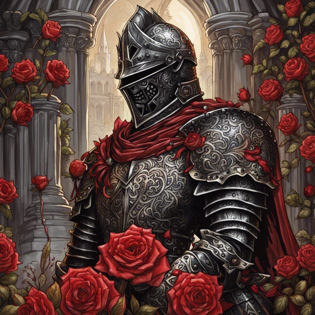 Gothic Knight in Crimson Rose Garden: Gouache Painting