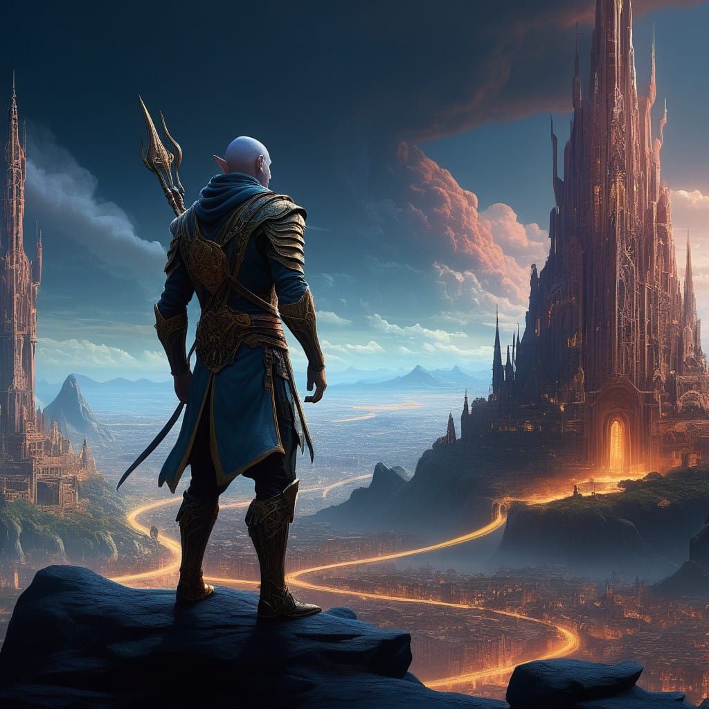 Majestic Elf-Like Giant in Fantastical Art Nouveau Cityscape