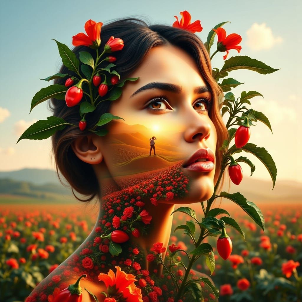 Surreal Digital Art of Brazilian Woman in Red Pepper Landsca...
