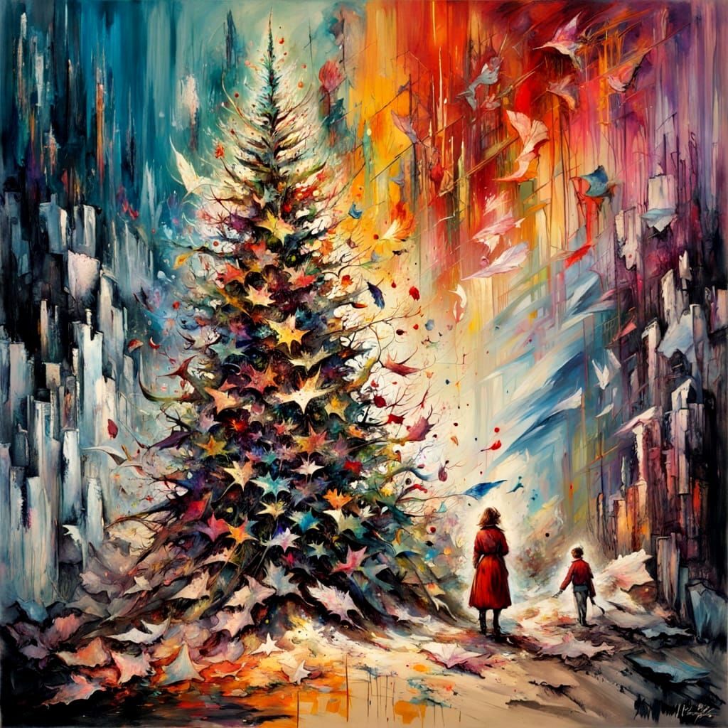 Surreal Winter Landscape with House and Man in Impasto Style