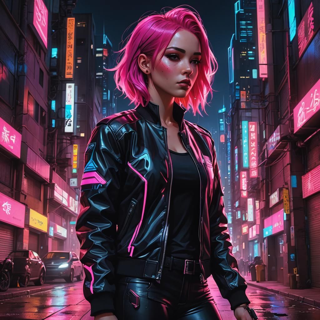 Anime Girl in Neon Cyberpunk Alleyway