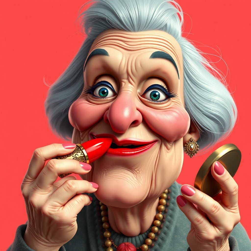 Cartoon Elderly Lady with Red Lipstick, Pixar Style