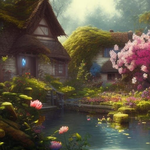 Idyllic Lakeside Cottage Garden in Dark Fantasy Style