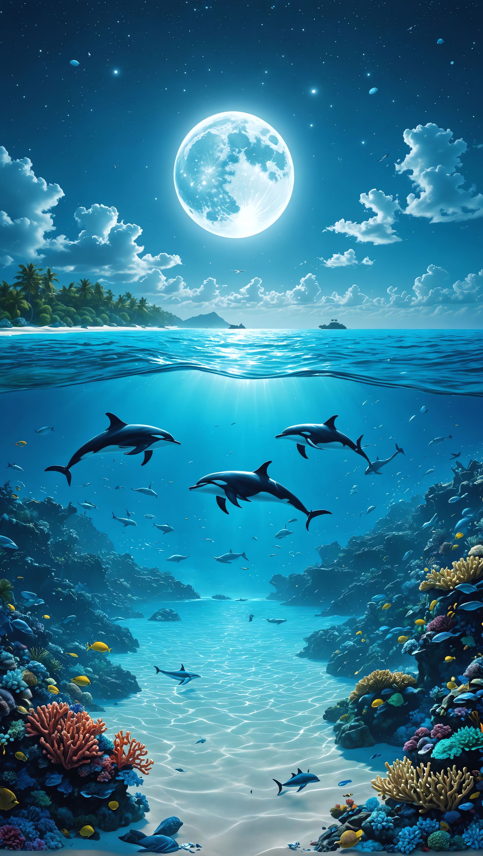 Turquoise Caribbean Water Under Full Moon Illumination