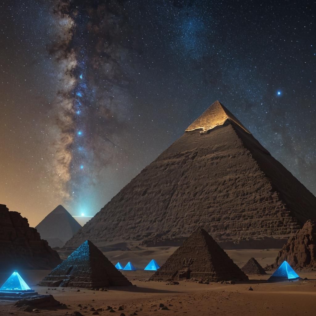 Pyramids Under Starry Sky with Blue Ray