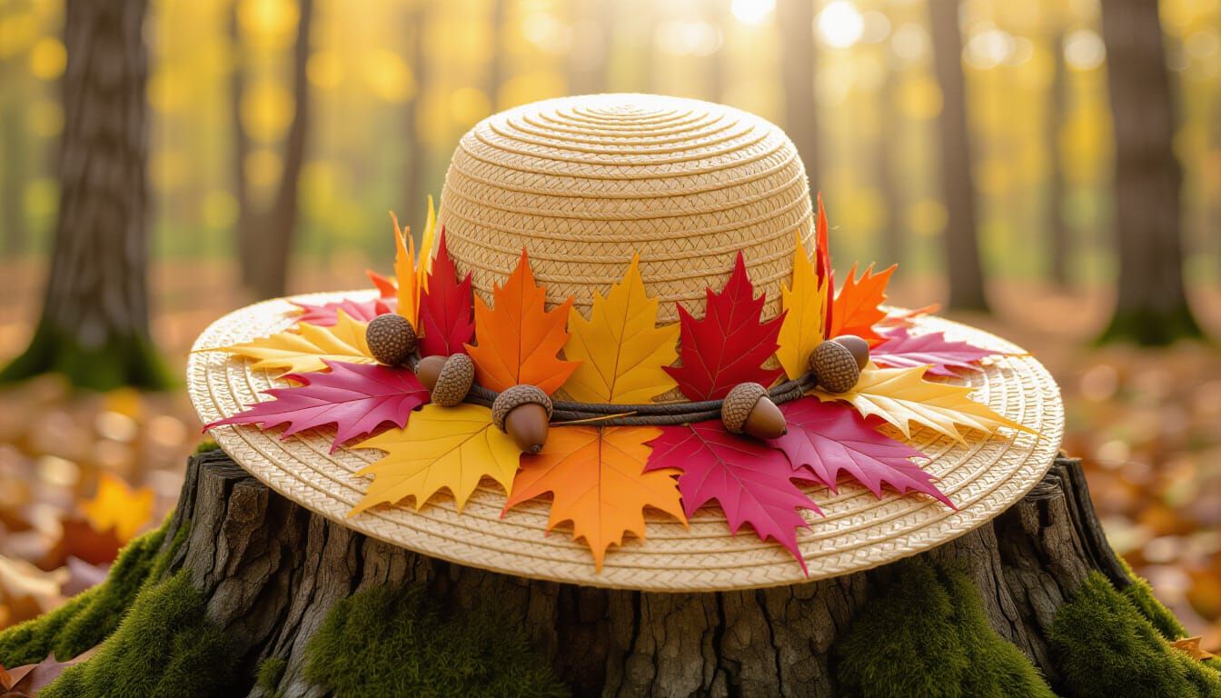 Autumn Leaves Sun Hat on Mossy Stump Watercolor Illustration