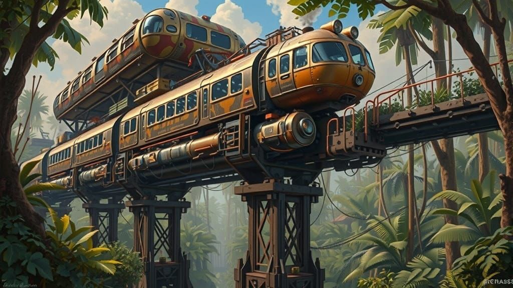 Steampunk Train Journey Through Lush Jungle