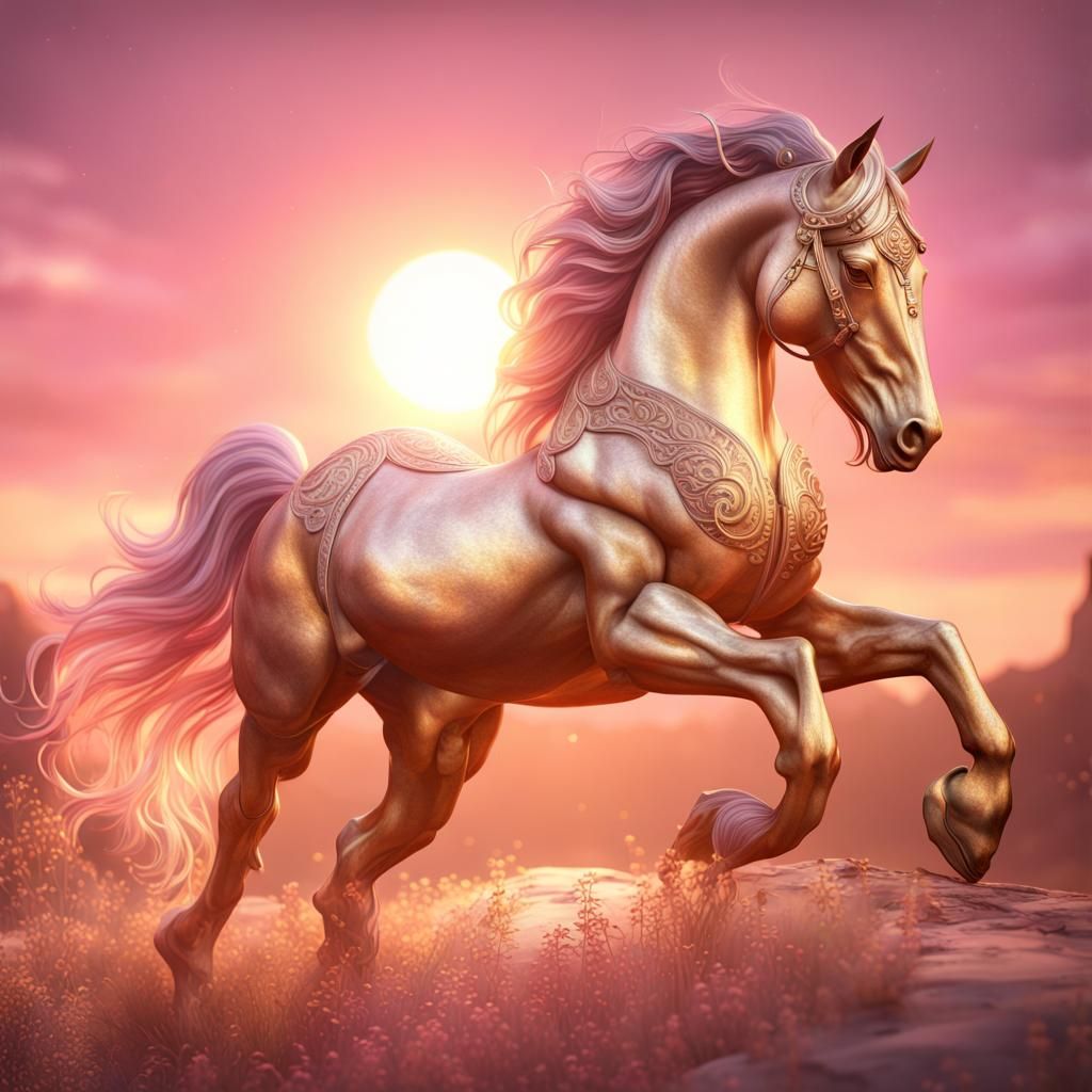 Golden Horse Meditating at Dawn in 3D Render