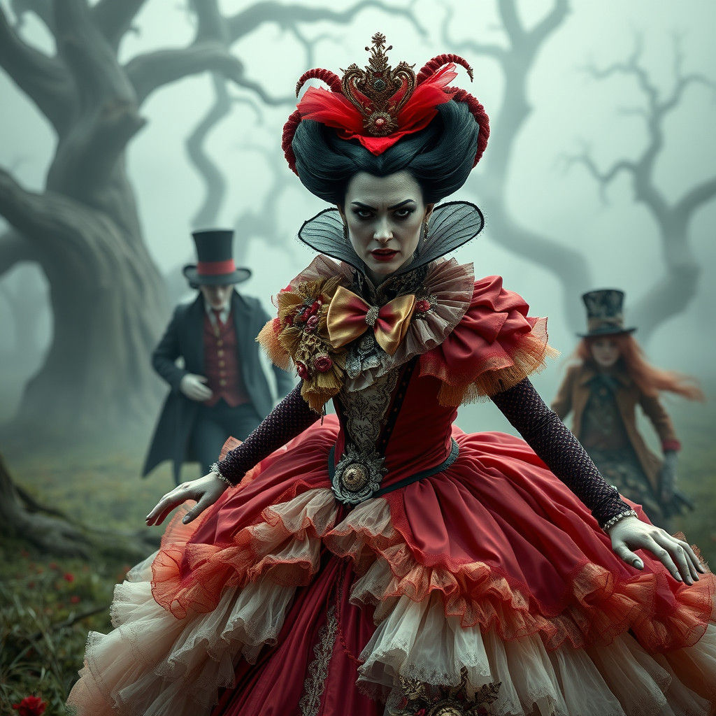 Queen of Hearts Chasing Mad Hatter in Dreamscape