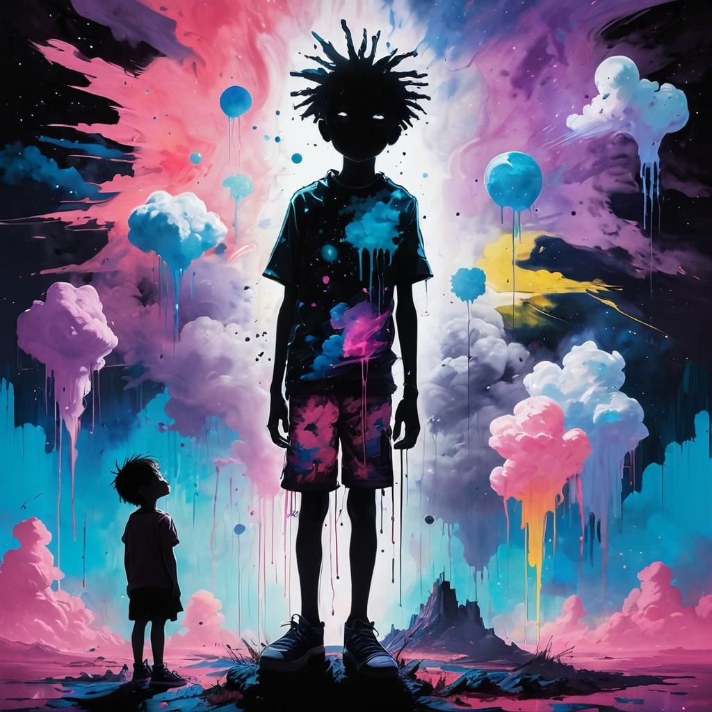 Cosmic Giant and Child: Anime-Inspired Dreamscape