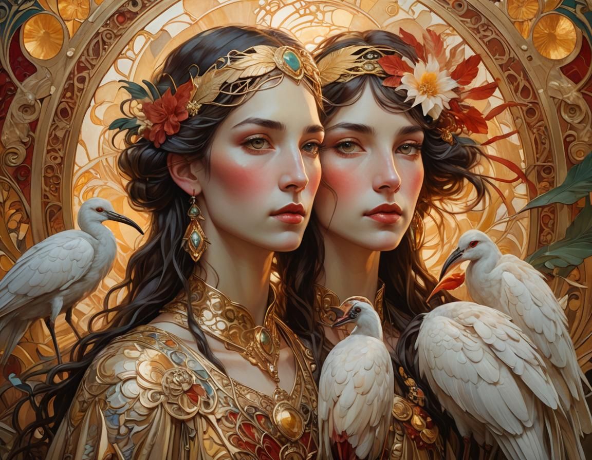 Mystical Woman with Ibis Portrait in Art Nouveau Style