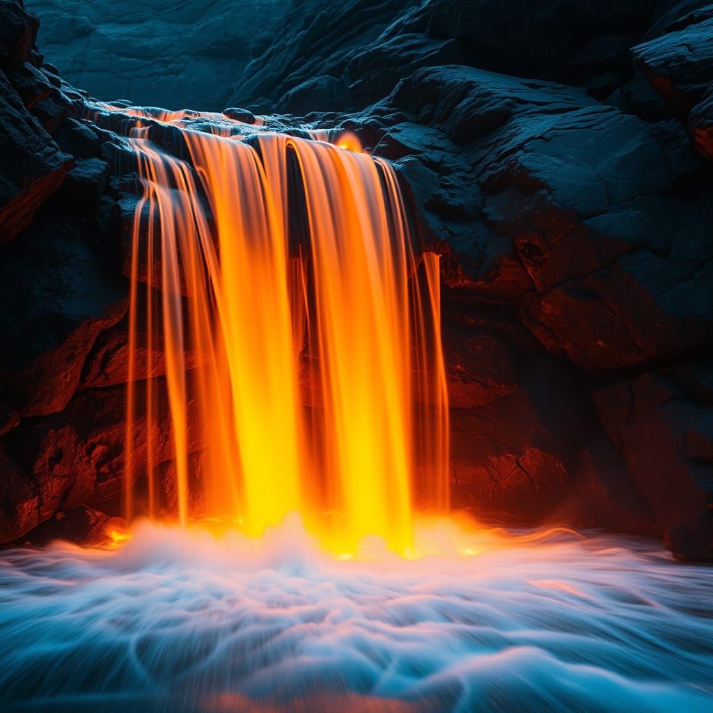 ire waterfall, cascading flames, long exposure effect, verti...