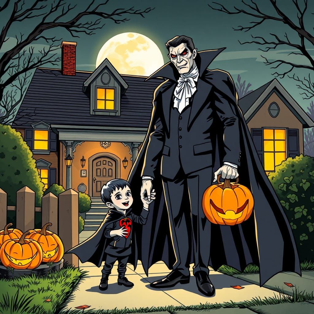 Dracula and Son Trick-or-Treating, Graphic Illustration