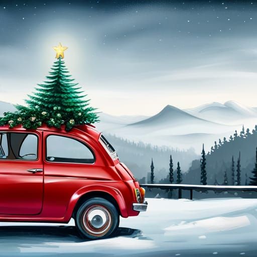 Red Fiat 500 with Christmas Tree Illustration