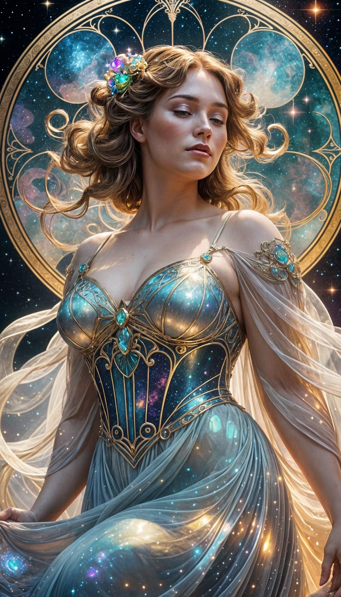 Android Goddess Floating Through Cosmos in Art Nouveau Style