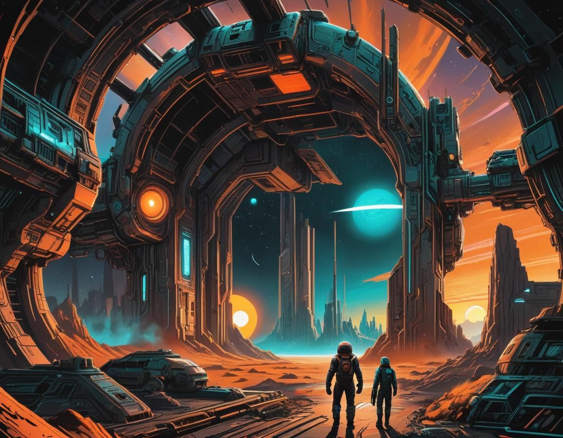 Vibrant Comic Book Interplanetary Gateway in Sci-Fi Style