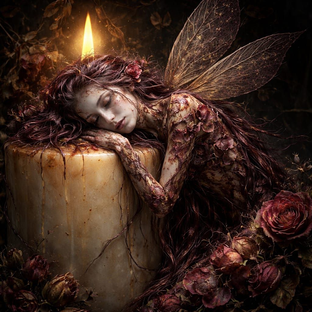 Fairy Merging With Rose Petals On Candle