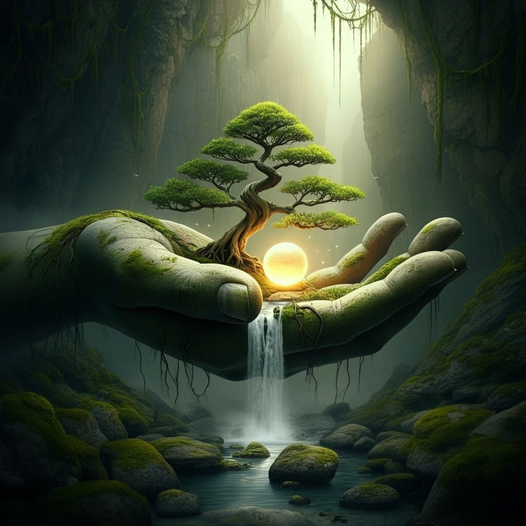 Ethereal Stone Hand Fantasy Scene in Dreamlike Aesthetic