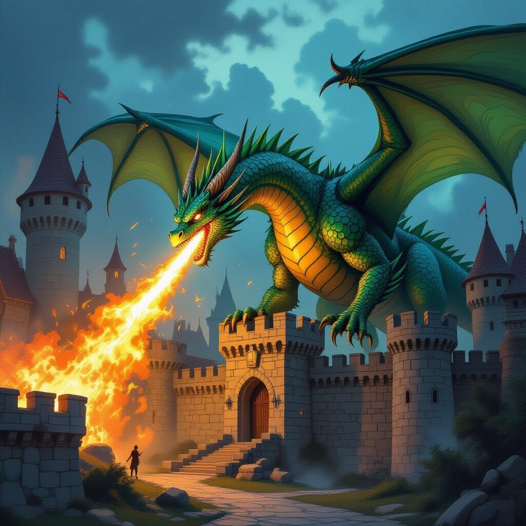 Emerald Dragon Attacks Castle: Fantasy Illustration