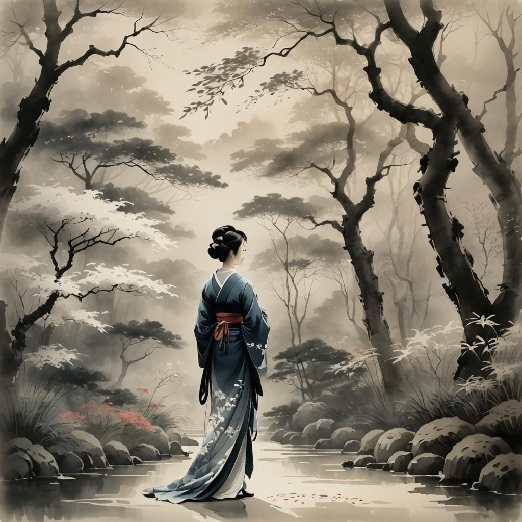 Elegant Woman in Dreamy Garden: Japanese Ink Painting