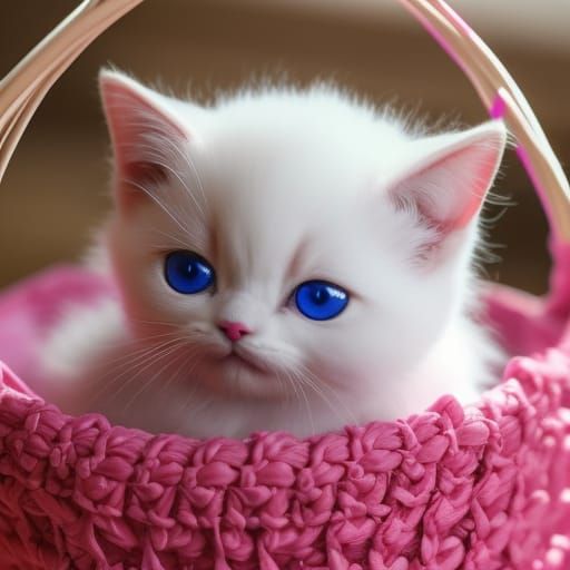 Cute Kitten Napping in Yarn Basket, Digital Art