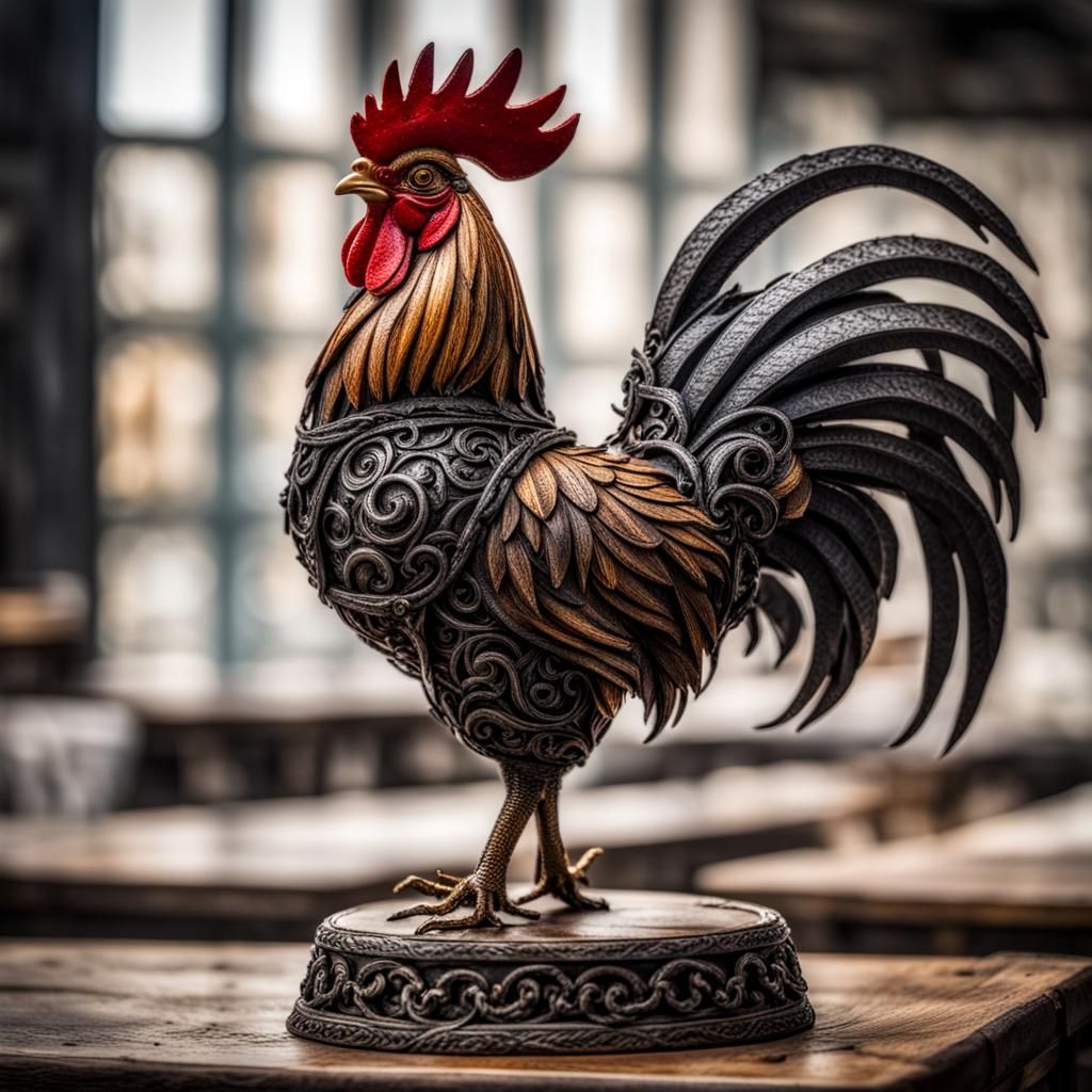 Intricate Metal Chain Rooster Sculpture