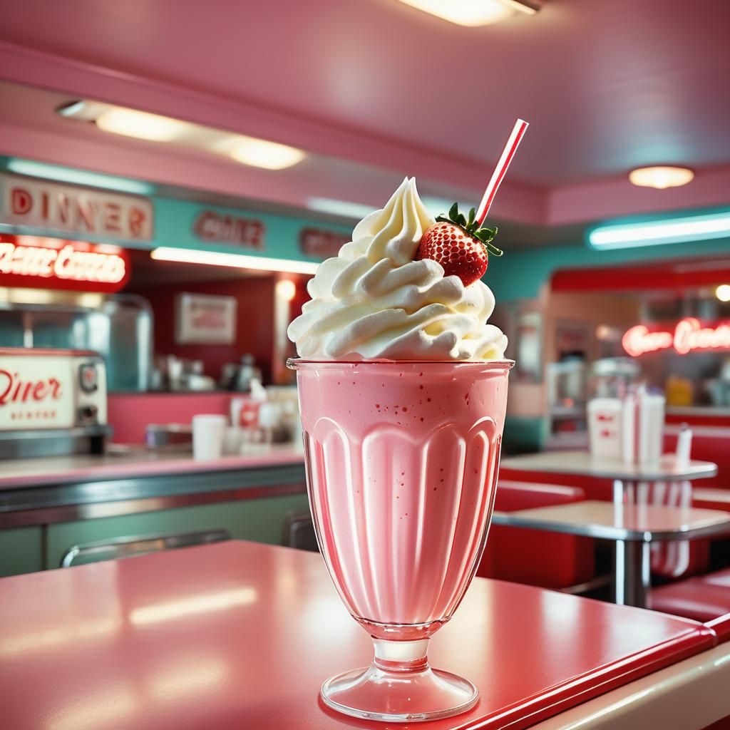 Vibrant Strawberry Milkshake in Retro Diner Style