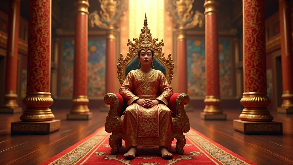 Thai King in Ancient Royal Regalia on Ornate Throne