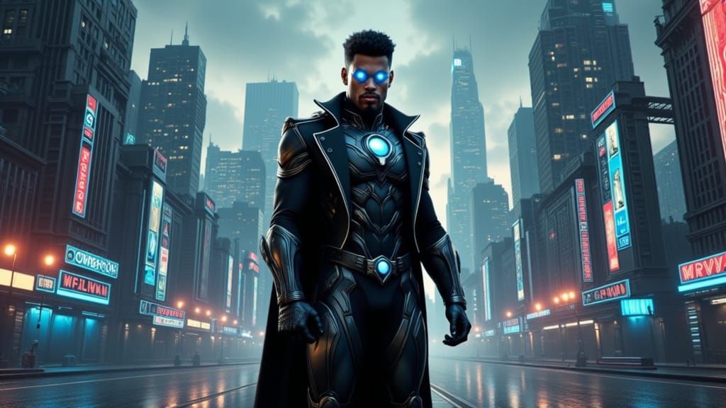 Cyborg Hero Stands Tall in Dystopian Cityscape