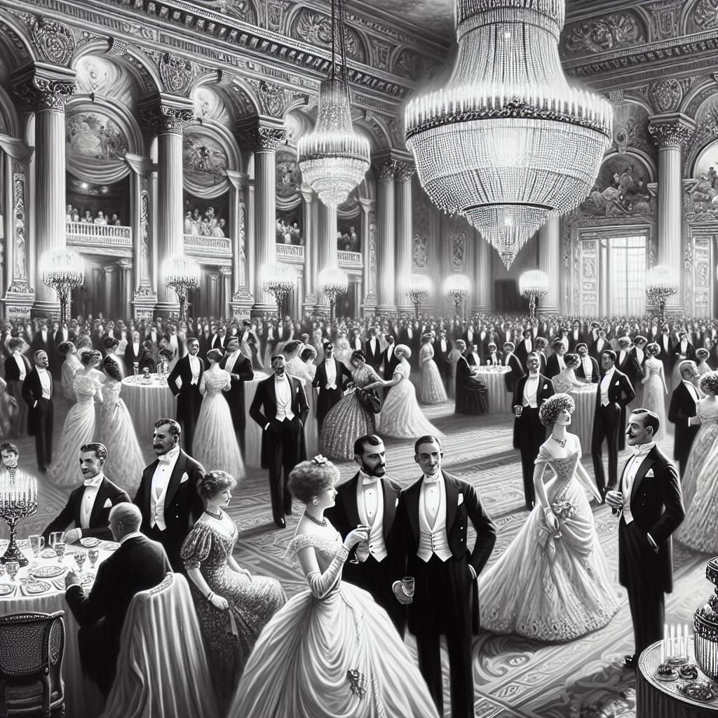Grand Ballroom Party in Black and White Oil Painting