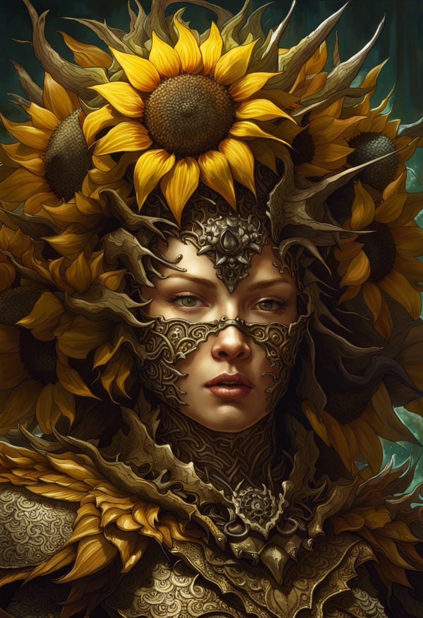 Sunflower Queen Portrait in Horror Art Style