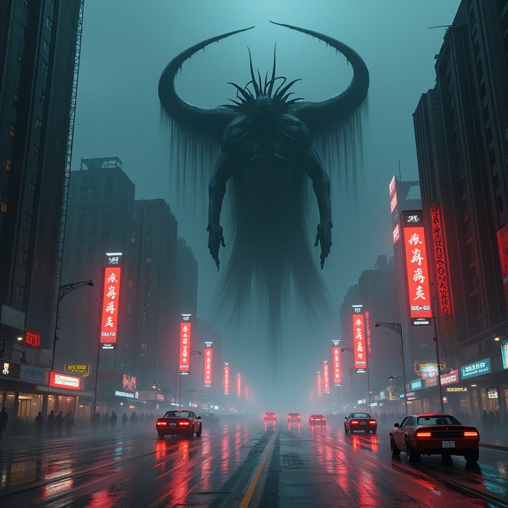 Cyberpunk Demon Descends over Bleak Cityscape