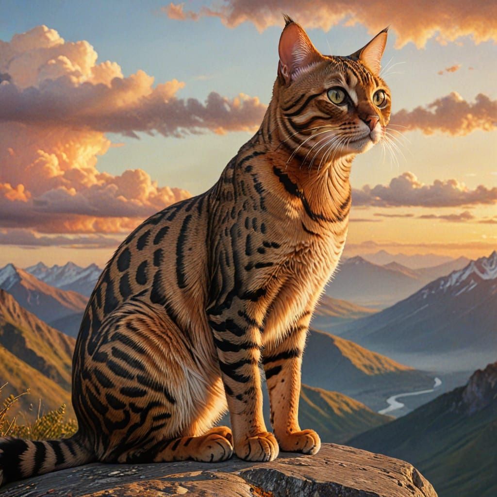 Bengal Cat Observes Mountainous Landscape