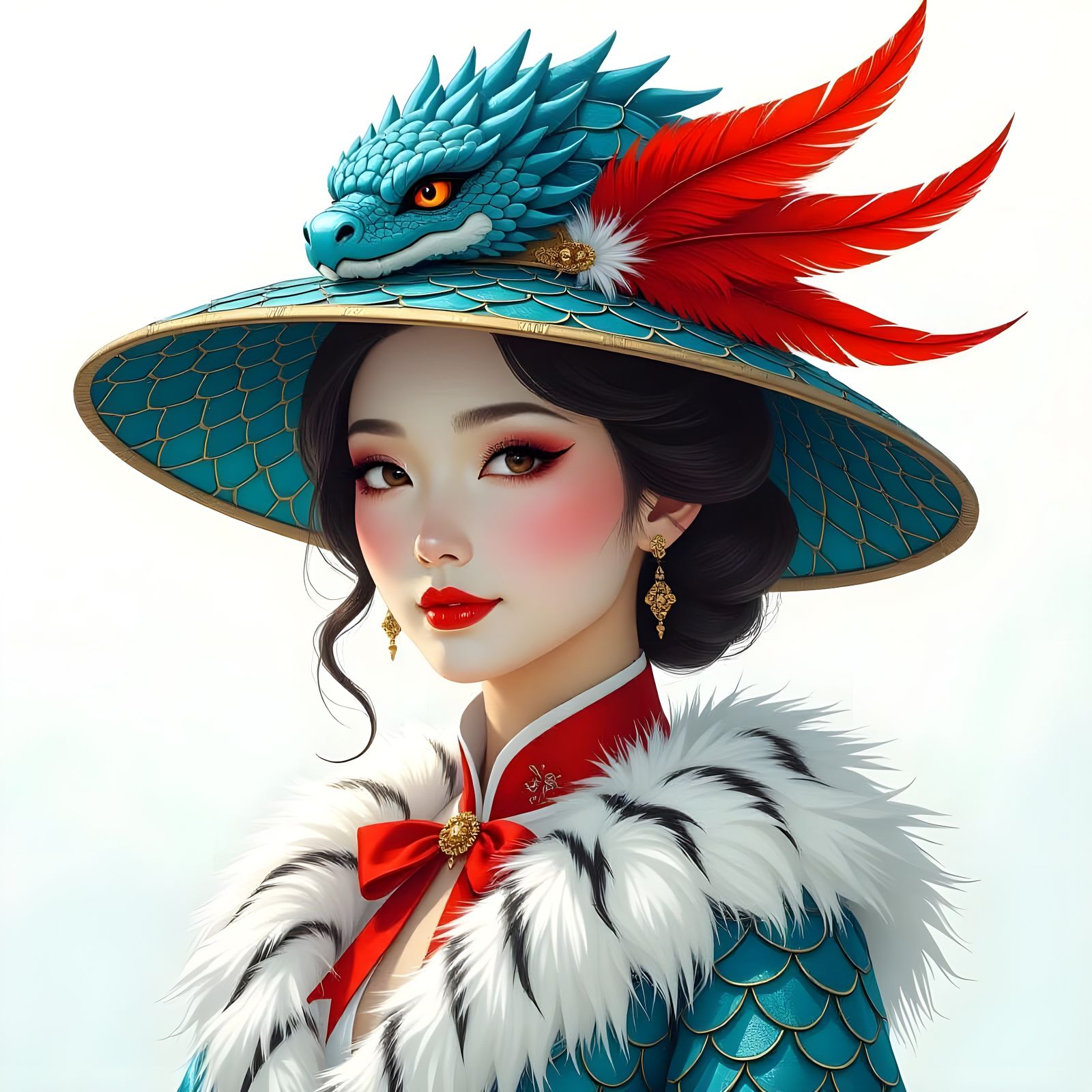 Asian Turtle Woman Wears Dragon Scale Hat