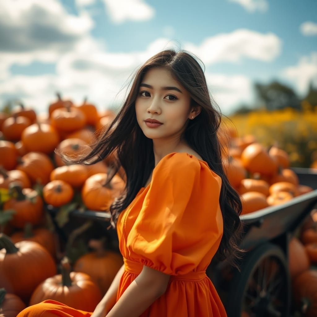 Dreamy Portrait with Pumpkins in Natural Light