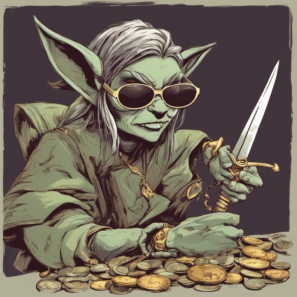 Female Goblin Counting Coins with Dagger