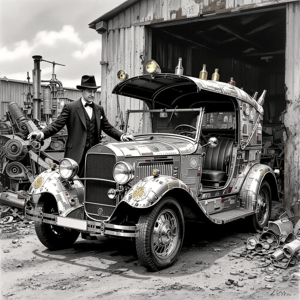 Tin Can Car Parked in Junkyard: Charcoal Drawing