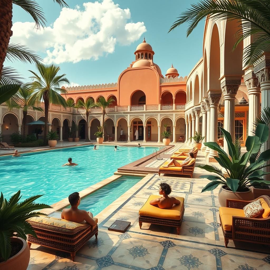 Moroccan Art Deco Pool Scene with Geometric Patterns