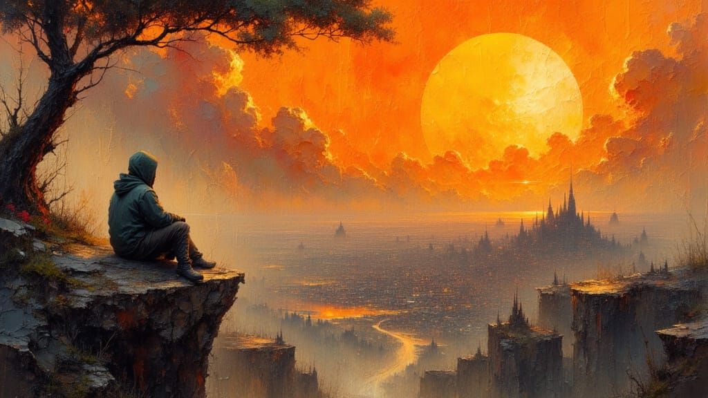 Gothic Cityscape at Sunset, Small Figure Contemplates