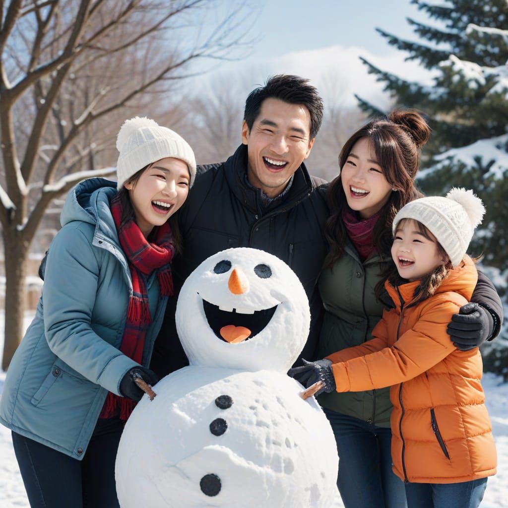 Joyful Family Building Snowman in Anime Style