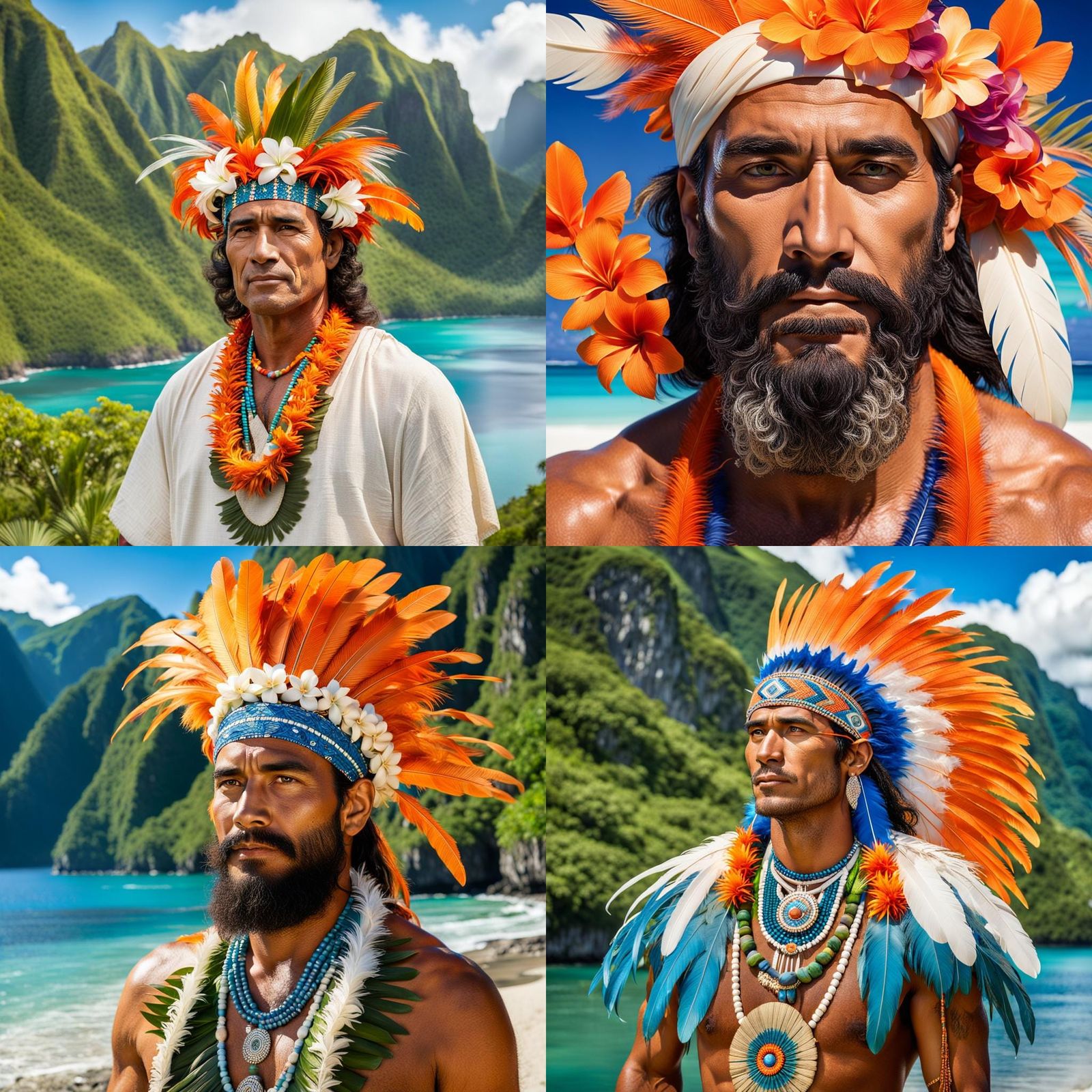Polynesian Man in Traditional Attire on Tropical Beach