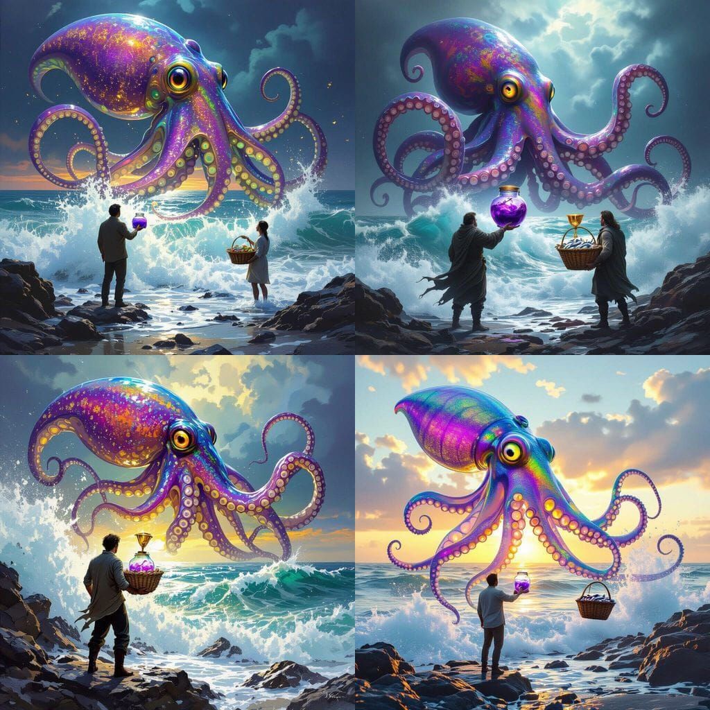 Man Confronts Giant Squid at Ocean Edge