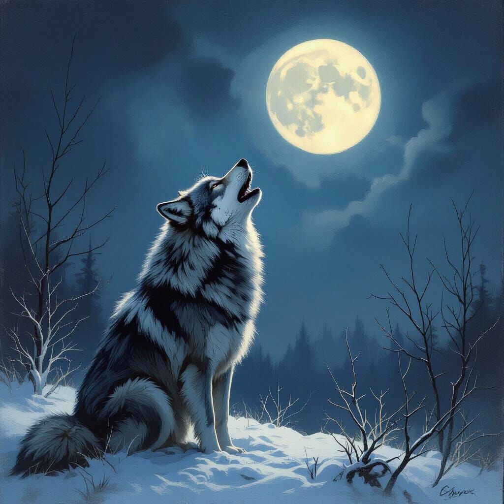 Wolf Howling at Moon in Classic Landscape Style