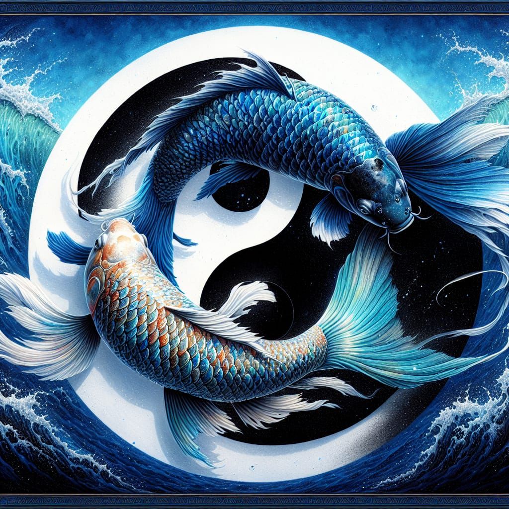 Yin Yang Koi Carp in Japanese Watercolour Style