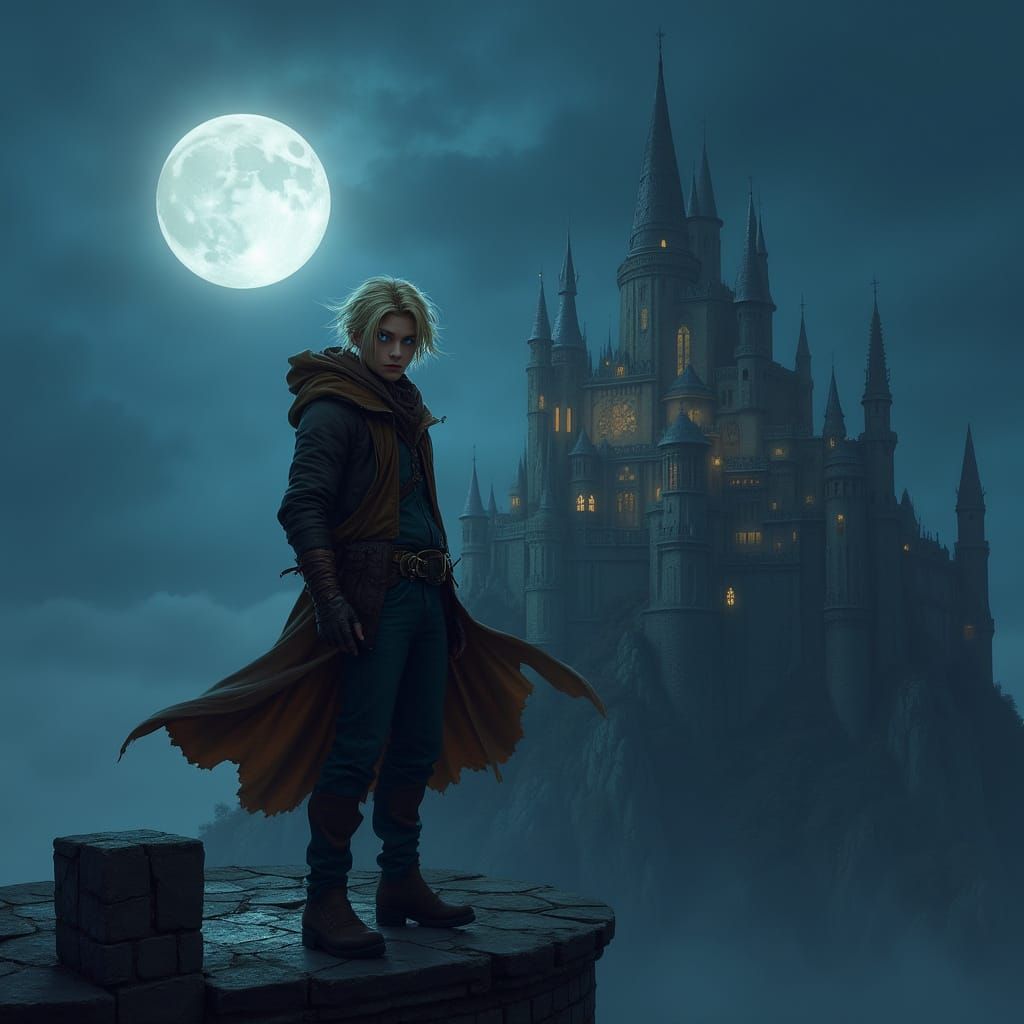 Charming Rogue Overlooks Castle Town at Night
