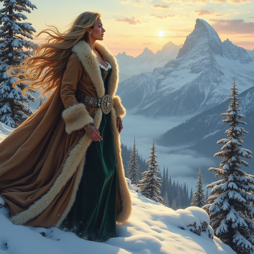 Regal Woman in Luxurious Fur Coat, Snow-Covered Mountain, Et...