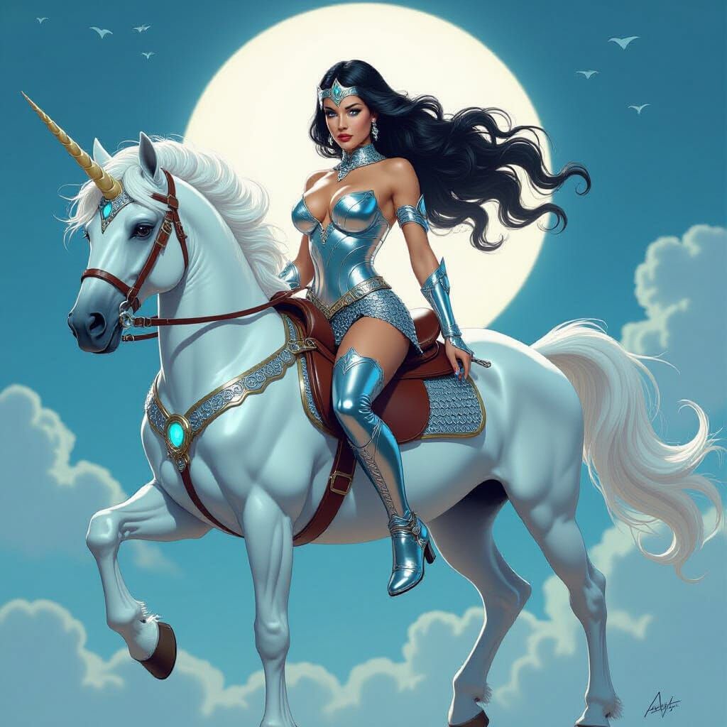 Goddess Rides a Futuristic Unicorn in Art Nouveau Style