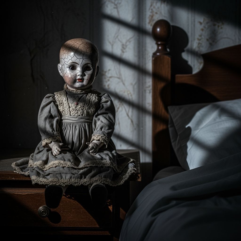 A creepy doll sitting by the bed